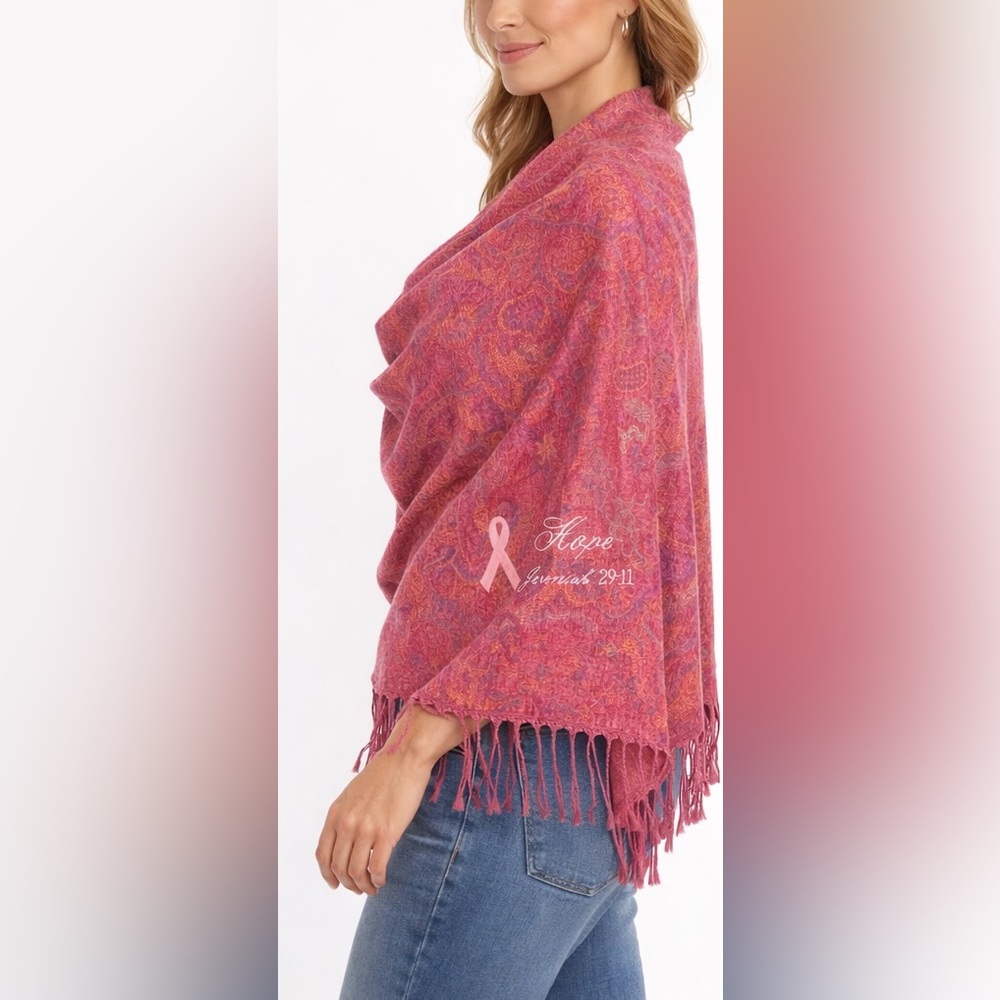 Hope Breast Cancer Awareness Scarf Pink Paisley Fringe Wrap Shawl, NWOT - Picture 3 of 6